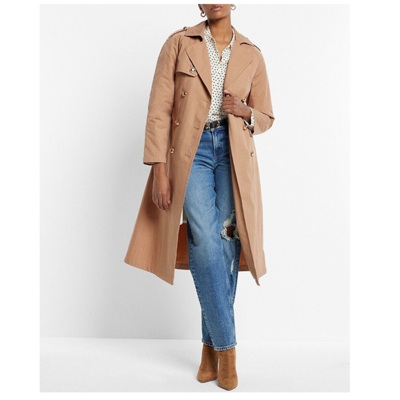 NWT Express Double Breasted Fleece Lined Classic Long Trench Coat Tan Large - Picture 1 of 13